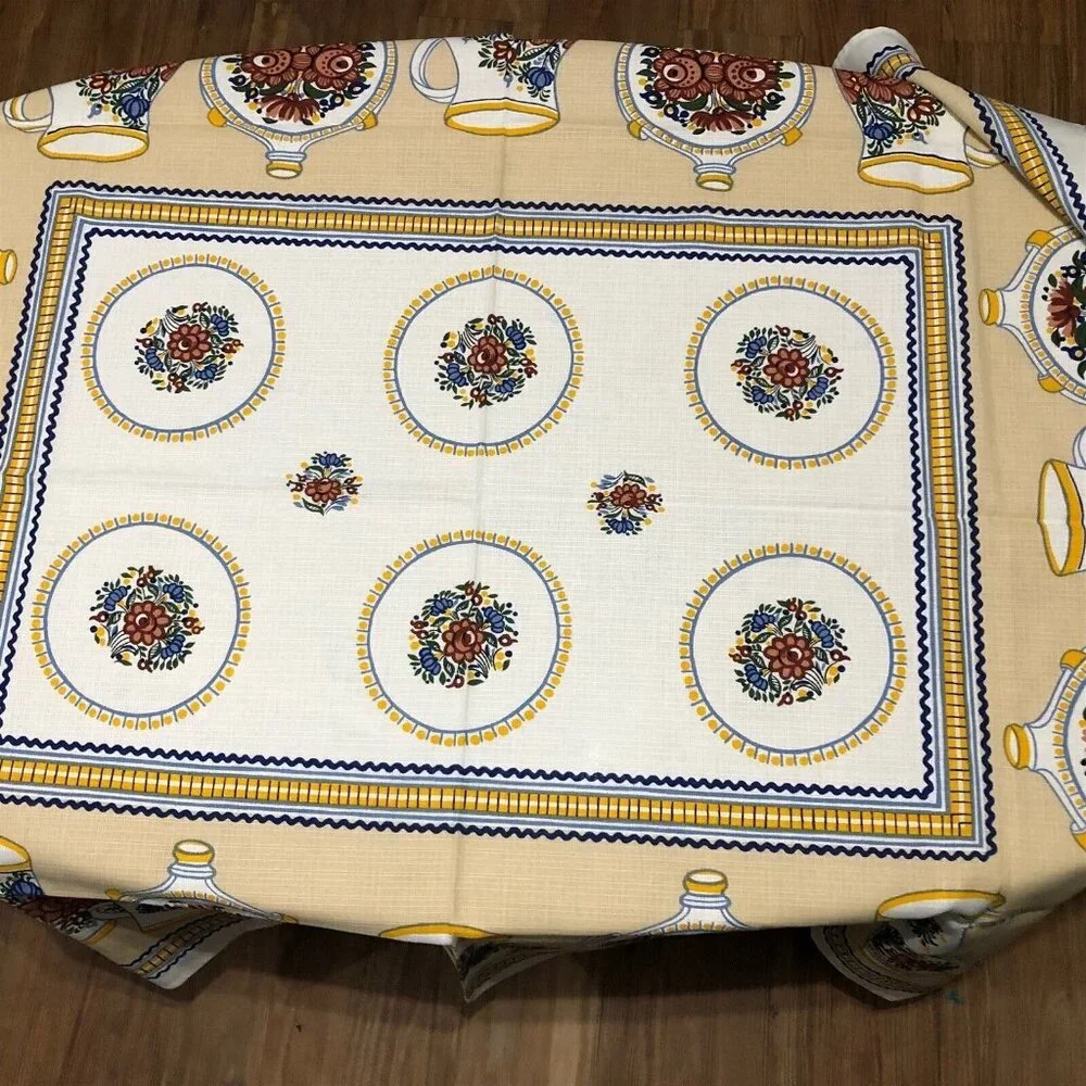 Vintage Tablecloth Pottery Pitcher Plate Floral Ethnic Beige Mid Century